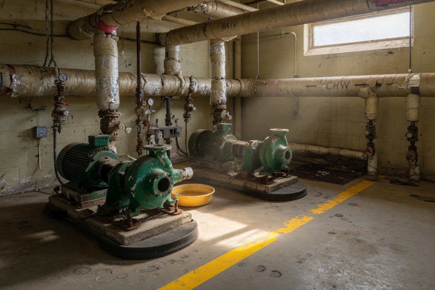 Two green pumps and insulated pipes in a mechanical room.
