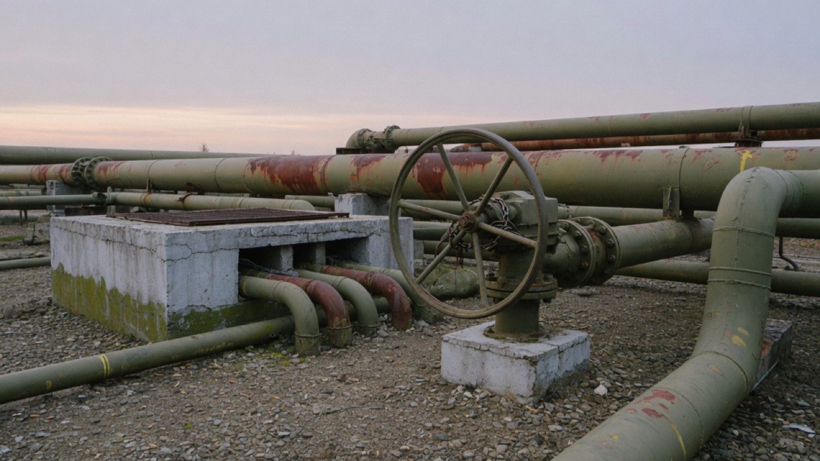 Painted steel pipes and a large valve handwheel in a gravel yard at dawn.
